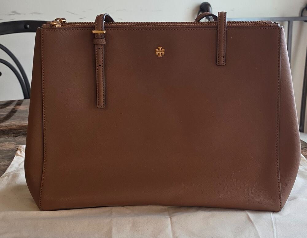 Tory Burch Emerson Large Double Zip Tote Moose Brown Leather 134837 Dust Bag